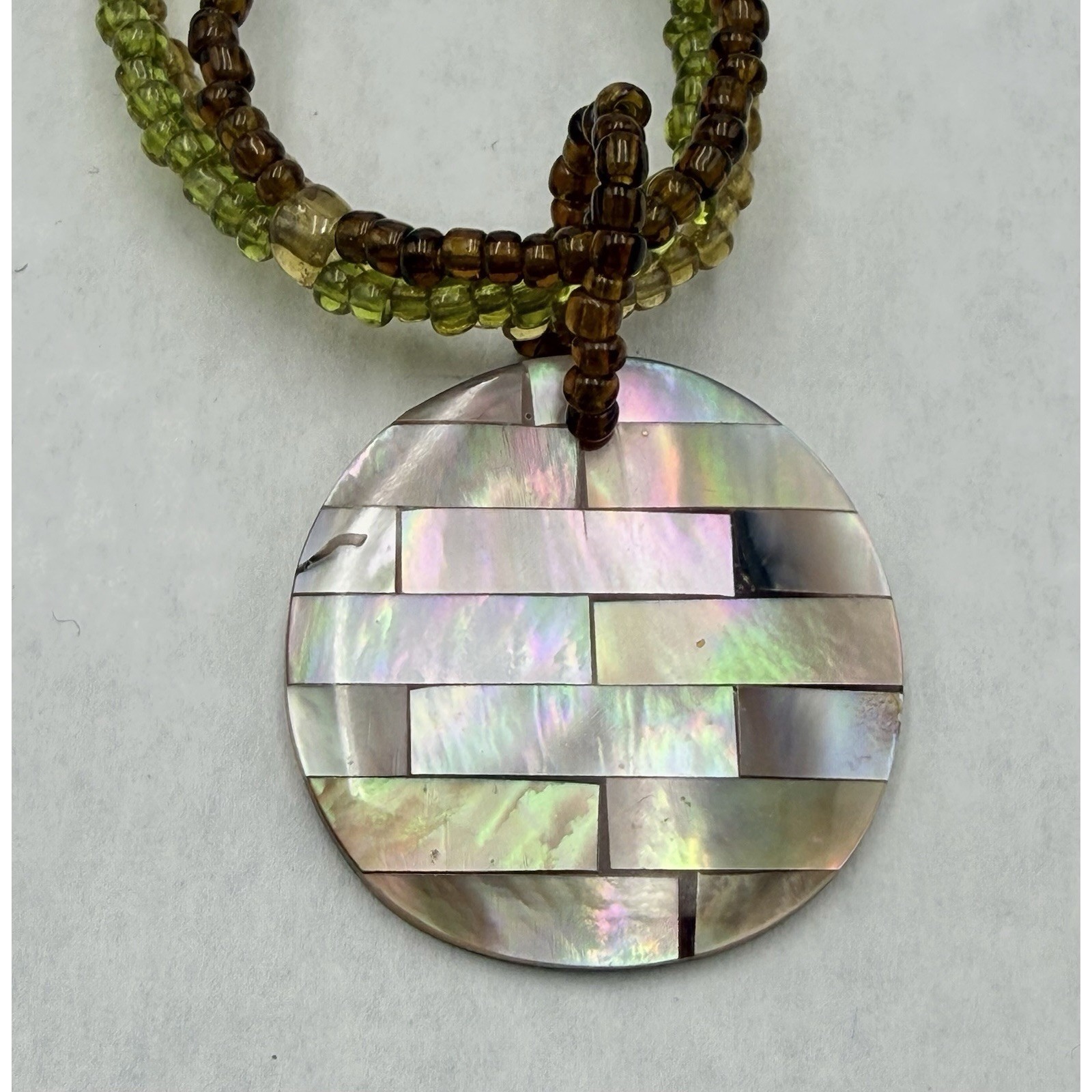 Vintage Mother Of Pearl Mosaic Pendant Necklace Multi Strand Beaded Boho